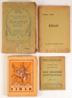 4 db könyv: Báró Podmaniczky Pál: Vihar. Elbeszélések. Bp., 1924, Bethánia. Kiadói papírkötés. + Muraközy Gyula: Emberélet. Bp., 1917, Singer és Wolfner. Kiadói papírkötés. + Cserháti Lajos és Szunyog Árpád száz humoros konferansza. I. rész. Bp., é.n., Kókai Lajos. Kiadói tűzött papírkötés. + Fazekas Tiborc: Először. Kecskemét, 1947, Kultura. Kiadói tűzött papírkötés. Vegyes állapotban.