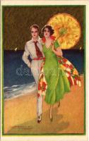 Strand szerelem. Olasz művészlap / Italian art postcard, beach love, couple. Degami 2259. s: T. Corb...