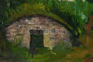 Arató István (1922-2010): Alak a pincénél. Olaj, vászon, jelezve balra lent. Javított. Dekoratív, ki...