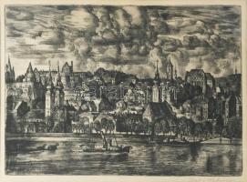 Szabó Vladimir (1905-1991): Dunapart (Budapest). Rézkarc, papír, jelzett. Üvegezett fakeretben, 28x40 cm.