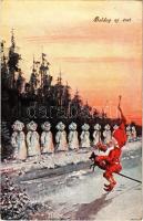 1907 Boldog Újévet / New Year greeting art postcard with dwarf and snowmen. B.K.W.I. 2683-5. (EK)