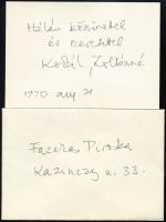 1970 Kodály Zoltánné Péczely Sarolta (1940-) énekművész autográf aláírása és sorai névjegykártyáján, borítékkal