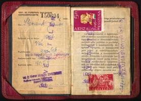 1951 Vas- és Fémipari Dolgozók Szakszervezete tagsági könyv, "25 éves hűségéért" feliratú borítóval, különféle bélyegekkel
