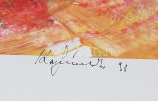 Olvashatatlan jelzéssel: Színes kép. Vegyes technika, karton. Hátoldalán "Konfár Gyula, kikötő,...