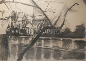 Győri István (1957-): Notre Dame, Párizs, 2008. Szén, karton. Jelzett. 69,5x99,5 cm