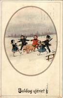 1918 Boldog Újévet / New Year greeting art postcard with pig, horseshoe and chimney sweepers. Lepopastell 6258/V. (EK)