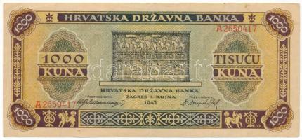 Horvátország / Független Horvát Állam 1943. 1000K "A2650417" T:F szép papír Croatia / Independent State of Croatia 1943. 1000 Kuna "A2650417" C:F fine paper Krause 12.