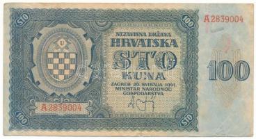 Horvátország 1941. 100K "A2839004" T:F  Croatia 1941. 100 Kuna "A2839004" C:F Krause P#2