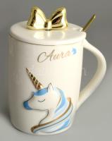 Unikornis mintás fedeles pohár kanállal, m: 13,5 cm