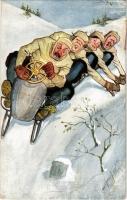 1926 Winter sport art postcard with sled, bobsleigh, humour. B.K.W.I. 412-4. s: Carl Josef (EB)