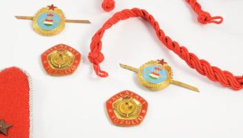 cca 1970/80 Tűzoltó 5 darab sapkazsinór, 2 darab vállalati tűzoltójelvény, karjelzések, 12 darab, a ...