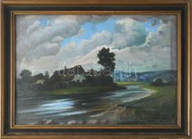 Olvashatatlan jelzéssel, XX. sz. első fele: Vízparti falu. Olaj, karton. Szélein apró felületi sérülésekkel. Üvegezett, dekoratív fakeretben. 35x50 cm