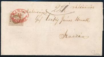 1868 15kr ajánlott levélen / on registered cover piros / red "KASSA / AJÁNLOTT" - "BU...