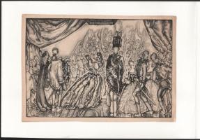 Batthyány Gyula (1887-1959): Jelenet. Nyomat, papír, jelzett a nyomaton. Paszpartuban. Az 1942-ben megjelent Képek a magyar múltból c. kiadványból. 18x26,5 cm