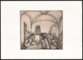 Batthyány Gyula (1887-1959): Társaság. Nyomat, papír, jelzett a nyomaton. Paszpartuban. Az 1942-ben megjelent Képek a magyar múltból c. kiadványból. 16,5x18 cm