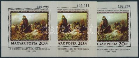 1976 Mohácsi csata 3 db különböző színű blokk, különböző vastagságú sorszámokkal