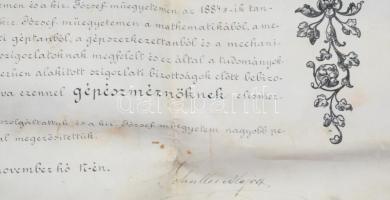 1886 Gépészmérnöki diploma. Lipthay és Saller tanárok aláírásaival. Pergamen, függő viasz pecséttel