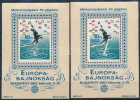 1963 2 db Műkorcsolyázó és jégtánc EB blokk kék nyílhegy lemezhiba (10.000)