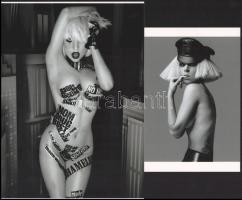 cca 2006 Lady Gaga amerikai énekes takarékos és provokatív fellépő jelmezei, 2 db modern nagyítás, jelzés nélkül, 21x15 cm és 15x10 cm