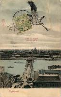 1908 Budapest, Lánchíd, Bazilika, látkép, hajók, montázs gólyával. TCV card (EK)