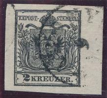 1850 2kr mélyfekete HP III. 6 mm ívszéllel, friss darab "ABONY" / deep black, 6 mm margin
...