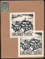 Einczinger Ferenc (1879-1950): 2 db ex libris tervek és hozzá tartozó 2 db kész ex libris, egy lap két oldalára ragasztva. Tus, fametszet, papír, tervek jelzés nélkül, kész ex librisek jelzett a metszeten. 8x10 cm körüli méretekben