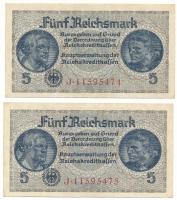 Német Harmadik Birodalom / Német megszállt területek 1940-1945. 5M (2x) sorszámkövetők "J 11595474 - J 11595775" T:XF / German Third Empire / German Occupied Territories 1940-1945. 5 Reichsmark (2x) consecutive serials "J 11595474 - J 11595775" C:XF Krause R138