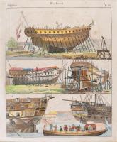ca 1860 Hajóépítés színezett fametszet. paszpartuban 21x26 cm