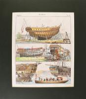 ca 1860 Hajóépítés színezett fametszet. paszpartuban 21x26 cm