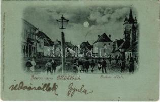 Szászsebes, Mühlbach, Sebes; Grosser Platz. Jos. Hientz / tér este holdfényben / square at night in moonlight (fa)