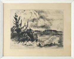 Iván Szilárd (1912-1988): Tihanyi táj. Rézkarc, papír, jelzett, számozott (54/100), üvegezett fakeretben, 29×38,5 cm
