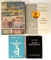 4 db numizmatikai könyv és katalógus: Radóczy Gyula - Tasnádi Géza: Magyar papírpénzek 1848-1992.; Nudelman 13. Münz-Auktion. Ungarn und Siebenbürgen Münzen - Medaillen, Banknoten. (Magyar és erdélyi pénzek - emlékérmek, papírpénzek.); Dr. Unger Emil: Magyar éremhatározó II.; BÁV 8. Numizmatikai Aukció. Vegyes állapotban.