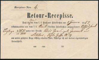 1857 Hivatalos levél a hozzá tartozó tértivevénnyel, részletes magyarázattal, egy albumlapra feldolg...