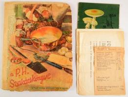 Vegyes konyha-kert tétel: A Pesti Hírlap szakácskönyve + A Pesti Hírlap új szakácskönyve és 1001 jótanács a háziasszonyoknak + Takáts Ernő: Pár szó a gombákról + 4 lapon kézzel írt és gépelt receptek. Változó állapotban, részben sérült, egy hiányzó borítóval.