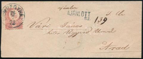 1872 Ajánlott levél Réznyomat 5kr, hátoldalán 10kr bérmentesítéssel kék / blue "DOMBEGYHÁZA" - "ARAD"