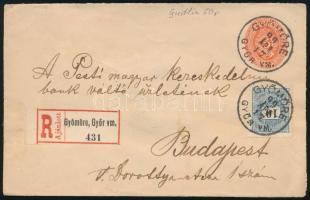 1887 Ajánlott 5kr díjjegyes levél Feketeszámú 10kr díjkiegészítéssel "GYÖMÖRE / GYŐR VM." luxus bélyegzéssel Budapestre küldve