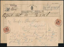 1892 Komplett távirat 2 x 50kr bélyeggel / Complete telegram with 2 x 50kr "MUNKÁCS / BEREG VM....