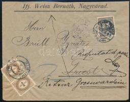 1899 Nagyváradról küldött nyomtatvány 1kr bélyeggel Triesztve, ott megportózták 2 x 1kr osztrák port...