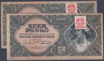 1945. 1000P (2x) színeltérések, piros bélyeg T:I