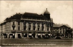 1928 Makó, Városi bérpalota az Arad-Csanádi Takarékpénztár palotájával, Sztancsul Dezső, Kocsis Mihály üzlete, Popper Gyula féle drogéria, gyógyszertár, Lélek cukrászda, Mayer virágüzlet, Dohányáruda