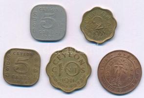 Ceylon 1909. 5c Cu-Ni "VII. Eduárd" + 1943. 1c bronz "VI. György" + 1944. 5c-10c Ni-sárgaréz (2xklf) "VI. György" + 1955. 2c sárgaréz "II. Erzsébet" TVF,F patina, ph Ceylon 1909. 5 Cents Cu-Ni "Edward VII" + 1943. 1 Cent bronze "George VI" + 1944. 5 Cents - 10 Cents Ni-brass (2xdiff) "George VI" + 1955. 2 Cents brass "Elizabeth II" C:VF,F patina, edge error