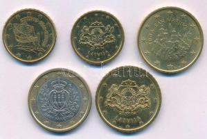 Ciprus 2008. 10c + Lettország 2014. 10c + 50c + San Marino 2008. 50c + 2015. 1E T:XF,VF Cyprus 2008. 10 Euro Cent + Latvia 2014. 10 Euro Cent + 50 Euro Cent + San Marino 2008. 50 Euro Cent + 2015. 1 Euro C:XF,VF