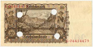 Német Harmadik Birodalom 1939. 20M "G 044014475" lyukasztásokkal érvénytelenítve(?) T:F
G...