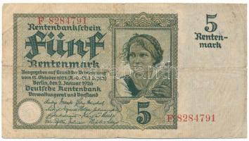 Németország / Weimari Köztársaság 1926. 5M "F 8284791" T:F Germany / Weimar Republic 1926. 5 Rentenmark "F 8284791" C:F Krause 169.