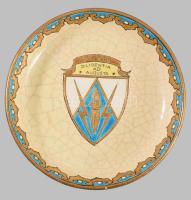 Emaux de Longwy címermintás dísztál, jelzett, kis kopással, d: 13,5 cm