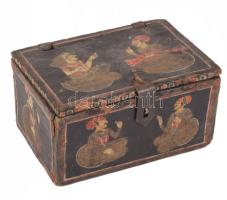 Antik indiai festett fa doboz, kopással, 13x18 cm