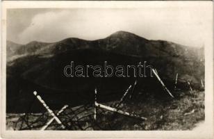 Kőrösmező, Yasinia, Yasinya, Jassinja, Jasina (Máramaros); Hoverla hegység a világháborúból visszamaradt drótakadályokkal. Rosenthál Margit kiadása / mountain with barbed wire barrier left from WWI (fl)