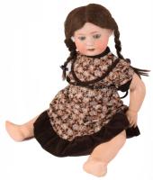 cca 1920-1950 Heubach Köppelsdorf játékbaba. Papírmasé, porcelán, igazi haj, nyelve van, combjánál s...