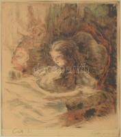 Csók István (1865-1961) - Prihoda István (1891-1956): Züzü olvas. Színezett rézkarc, papír, jelzett (Csók István és Prihoda István által). Apró foltokkal. Üvegezett fakeretben, 33×26 cm