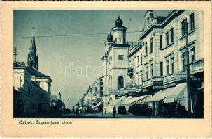 Eszék, Essegg, Osijek; Zupanijska ulica / utca, zsinagóga, gyógyszertár, Bruckner, Buchler üzlete. Milan Dirnbach kiadása / street view, synagogue, pharmacy, shops (EK)